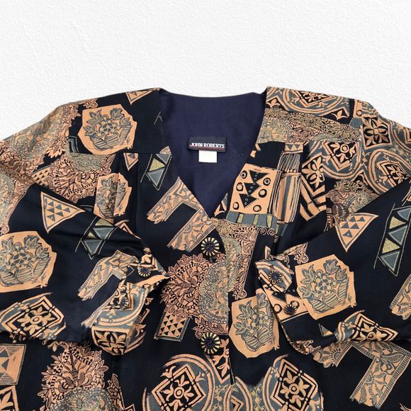 Vintage 1980s John Roberts Black Tan Oversized Abstract Print Dress Size Large - Picture 4 of 10